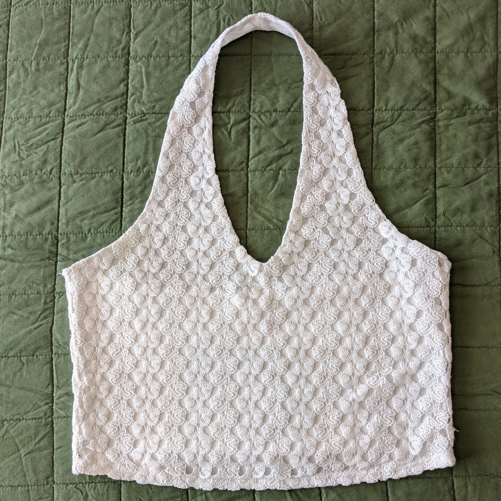Garage, Cropped White Crochet Halter Top, Women's Large